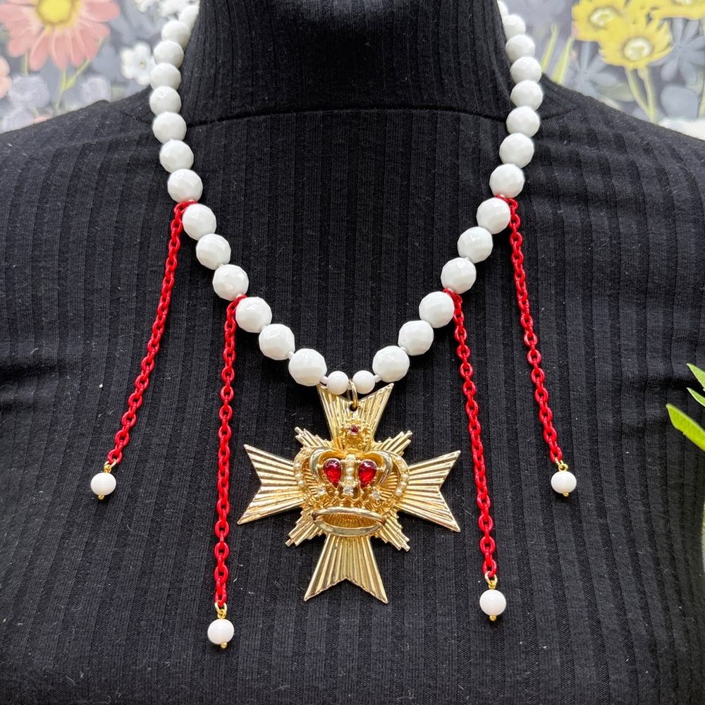 🌟Adorned Crown Jewelry assemblage Maltese cross crown red rhinestone necklace